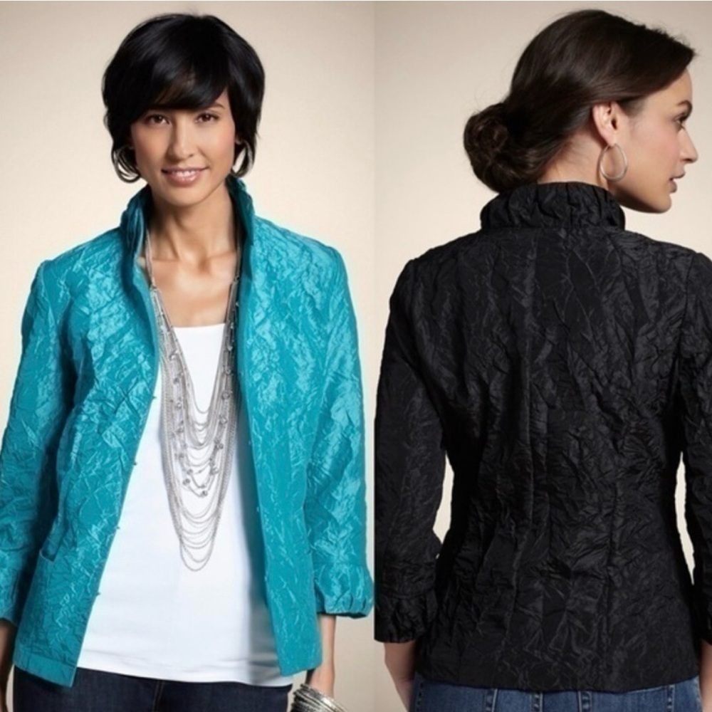 Chico's Black Crinkle Texture Stand Up Collar 3/4 Sleeve Jacket